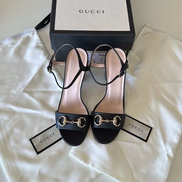 Gucci Miro Black Leather Horsebit Strap Block Heel Sandals Size 36.5 6.5 Shoes - Picture 1 of 8